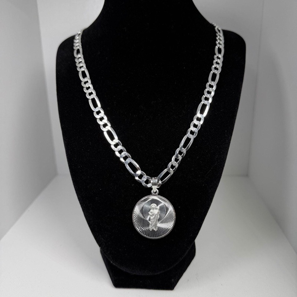 925 Sterling Silver Figaro Chain Necklace Saint Jude Virgin Mary Pendant 24 inch